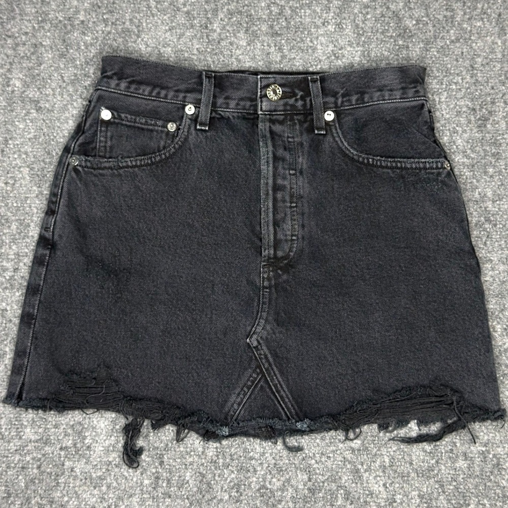 AGOLDE Quinn Denim Mini Skirt 25 / 0 Black Distressed Raw Hem High Rise - Picture 4 of 6